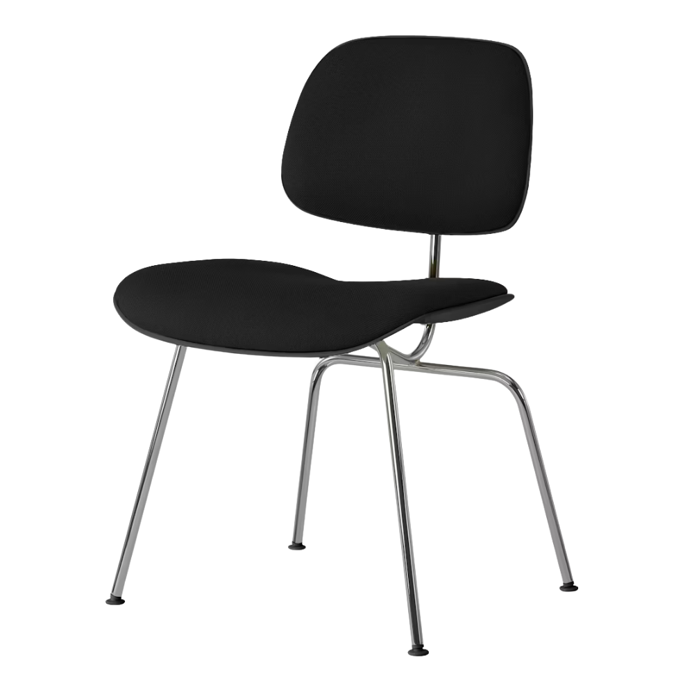 The Upholstered Eames Molded Plastic Dining Chair from Herman Miller with black hopsak upholstery, black shell and trivalent chrome leg finish.