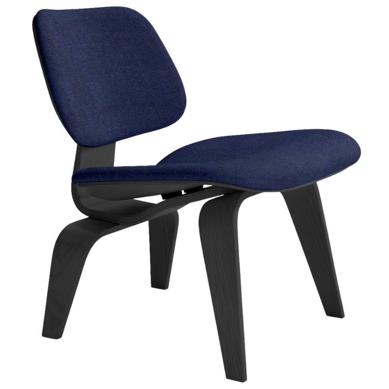 The Upholstered Ebony Eames Molded Plywood Lounge Chair Wood Base from Herman Miller with beck inkpad upholstery.