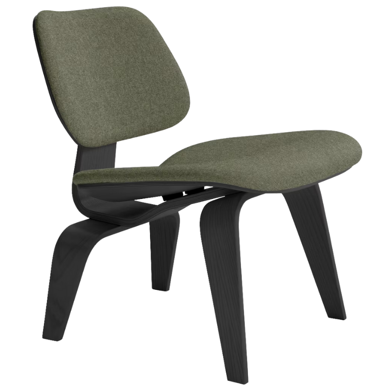 The Upholstered Ebony Eames Molded Plywood Lounge Chair Wood Base from Herman Miller with luce agrarian upholstery.