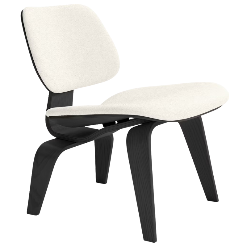 The Upholstered Ebony Eames Molded Plywood Lounge Chair Wood Base from Herman Miller with luce brioche upholstery.