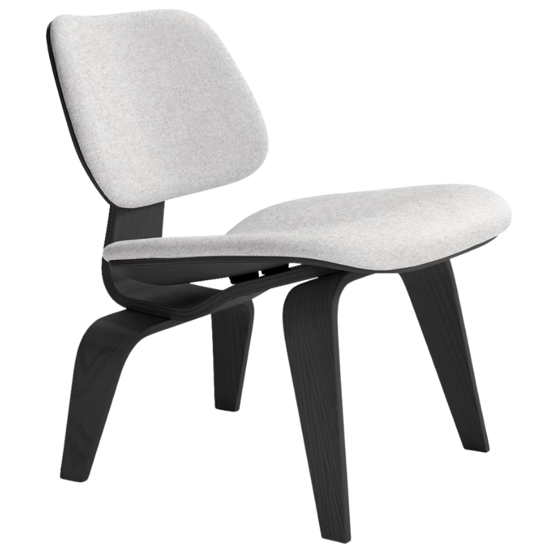 The Upholstered Ebony Eames Molded Plywood Lounge Chair Wood Base from Herman Miller with luce relic upholstery.