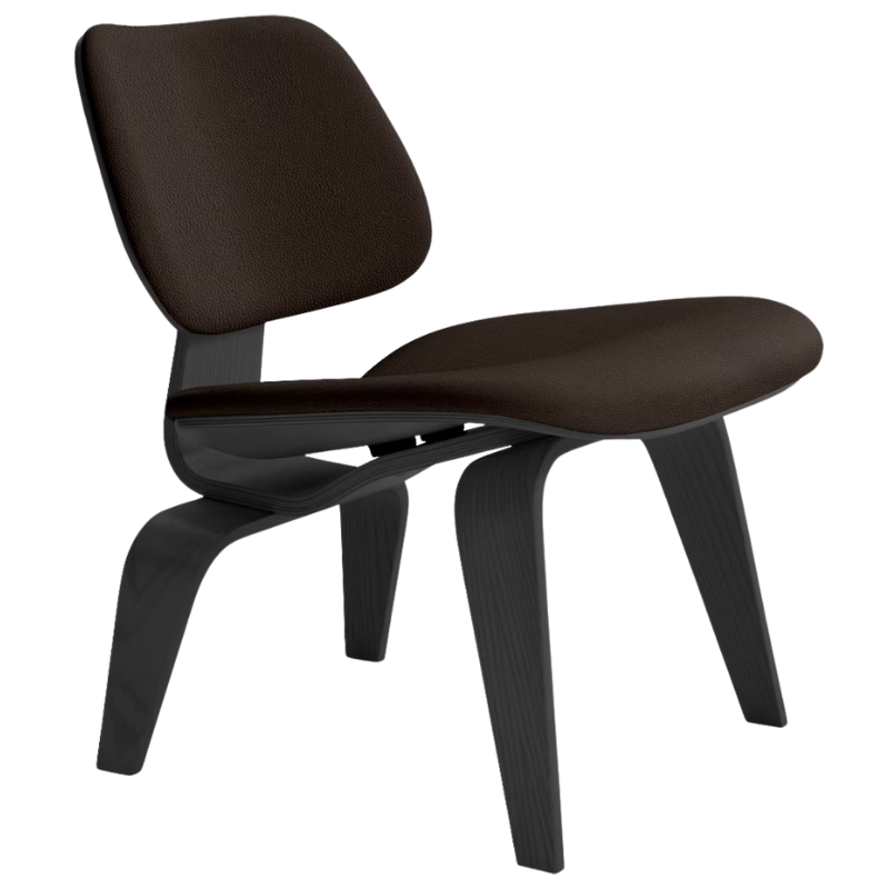 The Upholstered Ebony Eames Molded Plywood Lounge Chair Wood Base from Herman Miller with prone leather java upholstery.