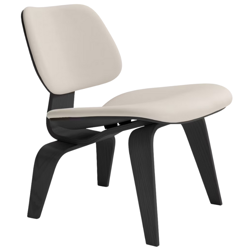 The Upholstered Ebony Eames Molded Plywood Lounge Chair Wood Base from Herman Miller with prone leather lotus upholstery.