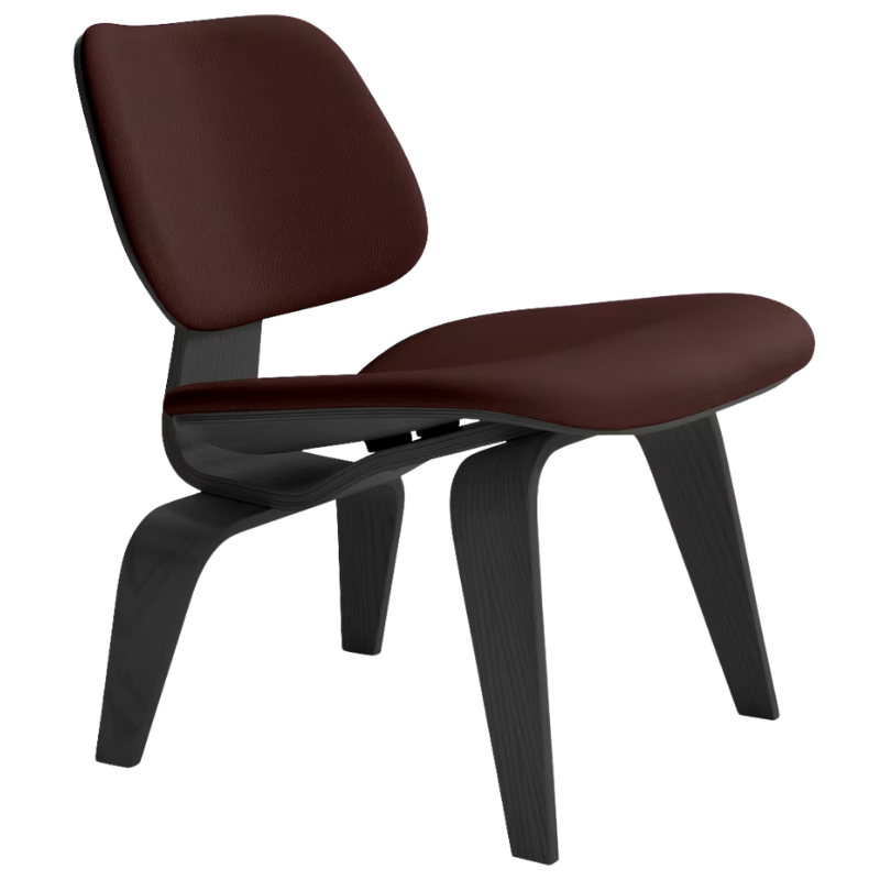 The Upholstered Ebony Eames Molded Plywood Lounge Chair Wood Base from Herman Miller with prone leather mantra upholstery.