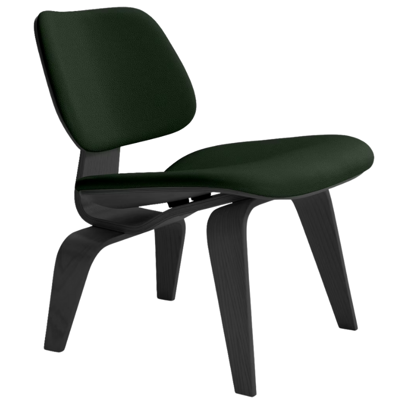 The Upholstered Ebony Eames Molded Plywood Lounge Chair Wood Base from Herman Miller with prone leather vine upholstery.