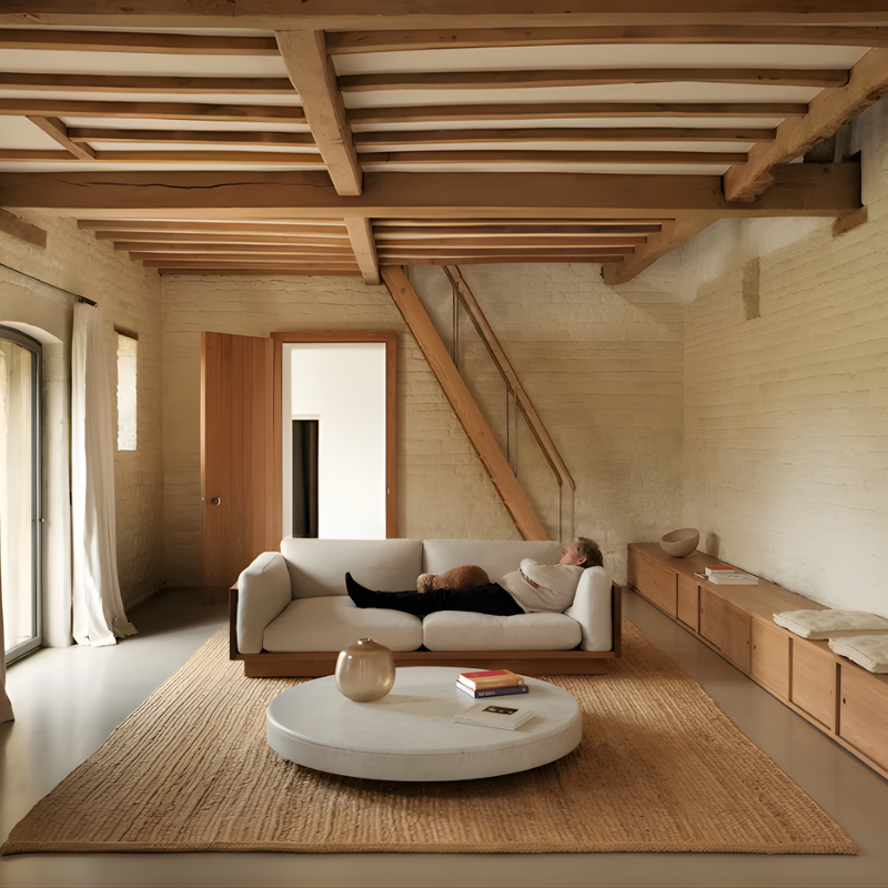 The White Oak Pawson Drift 80" Sofa in a living room. all-groups