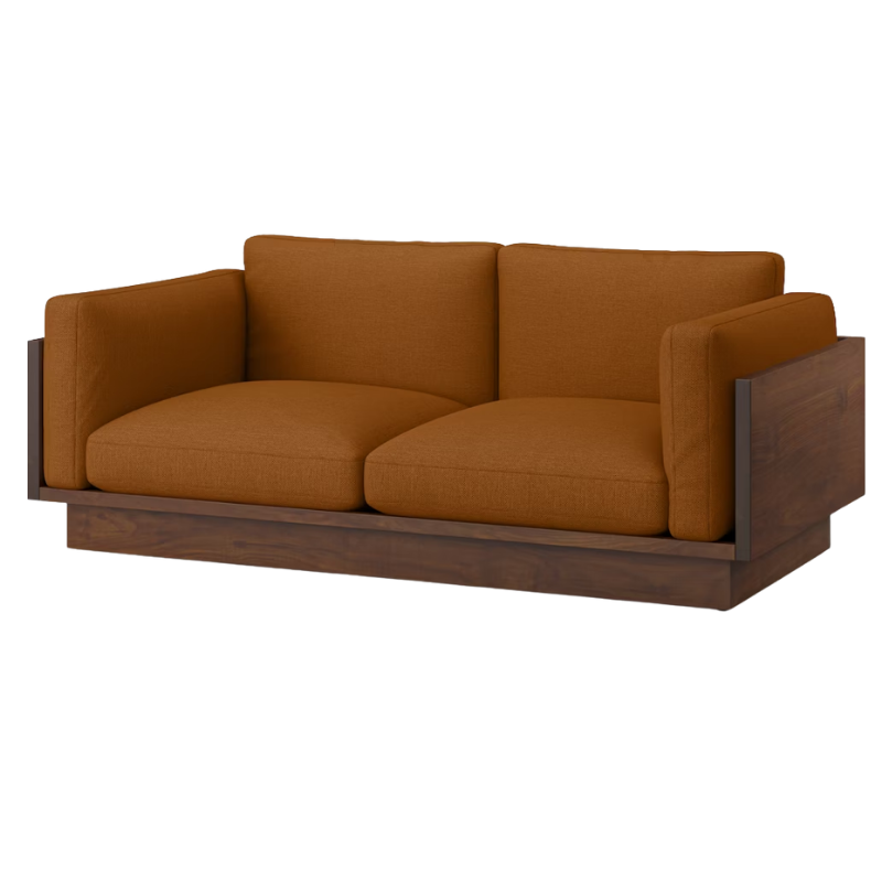 The Tudor Walnut Pawson Drift 80" Sofa from Herman Miller with mode rust upholstery.