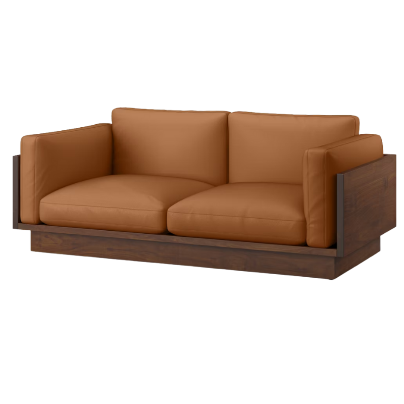 The Tudor Walnut Pawson Drift 80" Sofa from Herman Miller with prone leather shore upholstery.