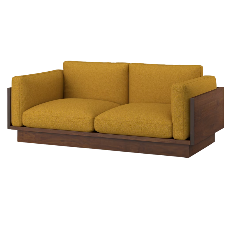 The Tudor Walnut Pawson Drift 80" Sofa from Herman Miller with whim mustard seed upholstery.