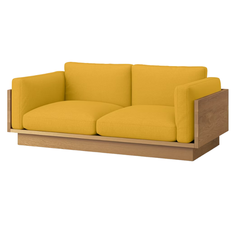 The White Oak Pawson Drift 80" Sofa from Herman Miller with mode goldenrod upholstery.