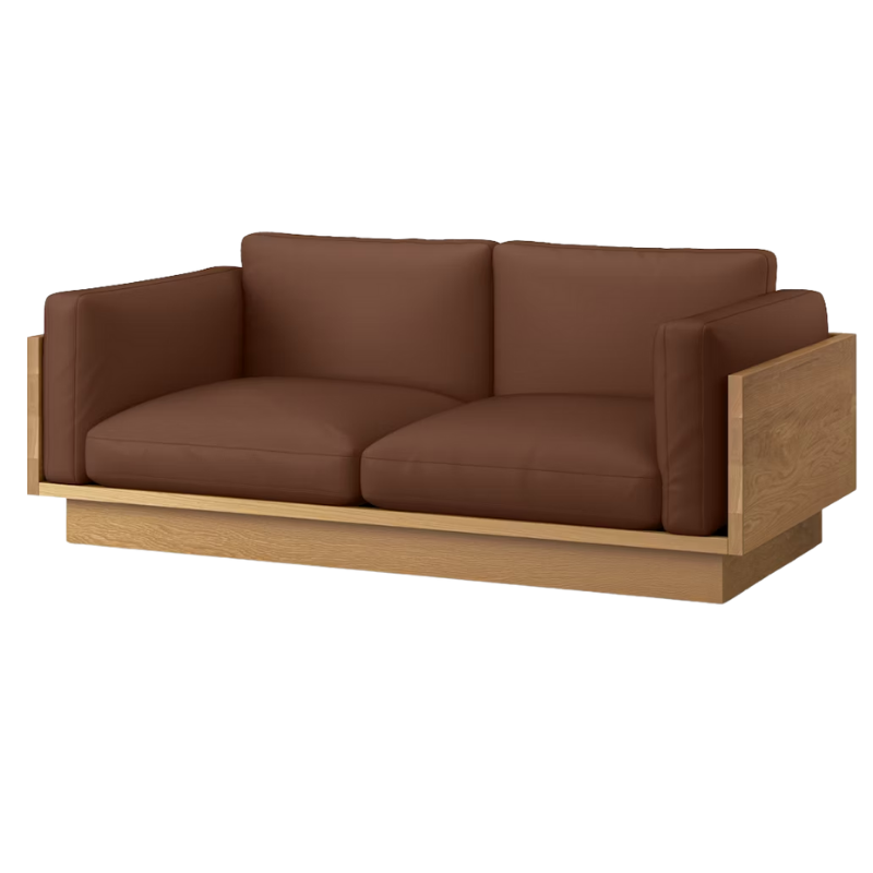 The White Oak Pawson Drift 80" Sofa from Herman Miller with raise leather canyon upholstery.
