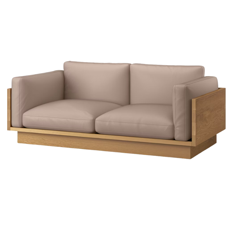 The White Oak Pawson Drift 80" Sofa from Herman Miller with raise leather gray upholstery.