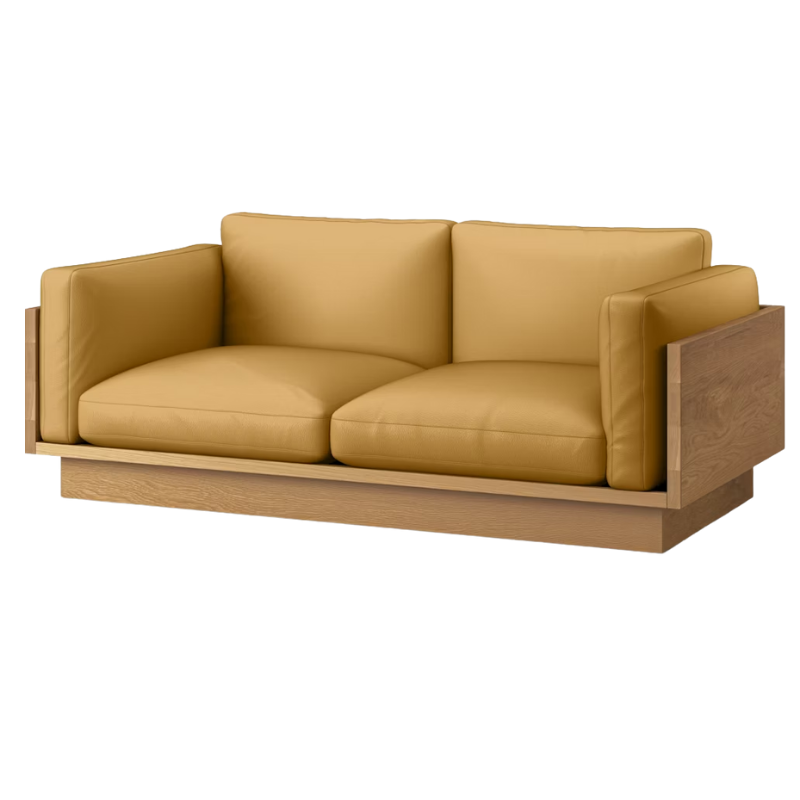 The White Oak Pawson Drift 80" Sofa from Herman Miller with raise leather maize upholstery.