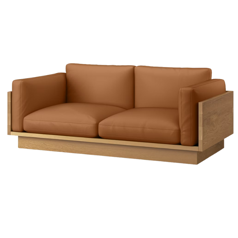 The White Oak Pawson Drift 80" Sofa from Herman Miller with raise leather sand upholstery.