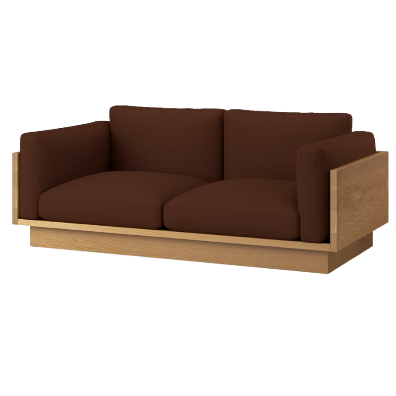 The White Oak Pawson Drift 80" Sofa from Herman Miller with tempo velvet burgundy upholstery.