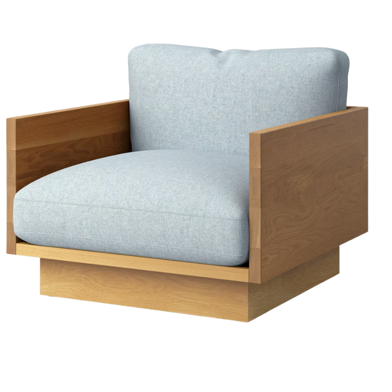 The White Oak Pawson Drift Lounge Chair from Herman Miller with luce brine upholstery.