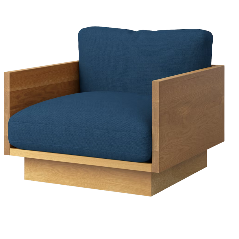 The White Oak Pawson Drift Lounge Chair from Herman Miller with mode denim upholstery.
