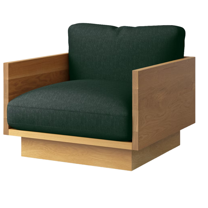 The White Oak Pawson Drift Lounge Chair from Herman Miller with mode outdoors upholstery.