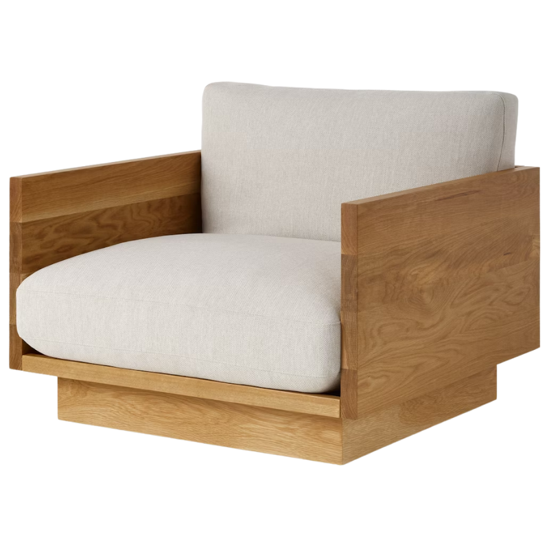The White Oak Pawson Drift Lounge Chair from Herman Miller with mode shell upholstery.