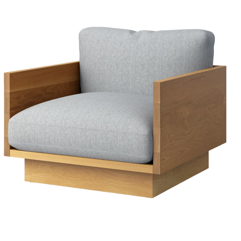 The White Oak Pawson Drift Lounge Chair from Herman Miller with mode surf upholstery.