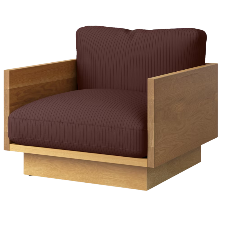The White Oak Pawson Drift Lounge Chair from Herman Miller with passage claret upholstery.