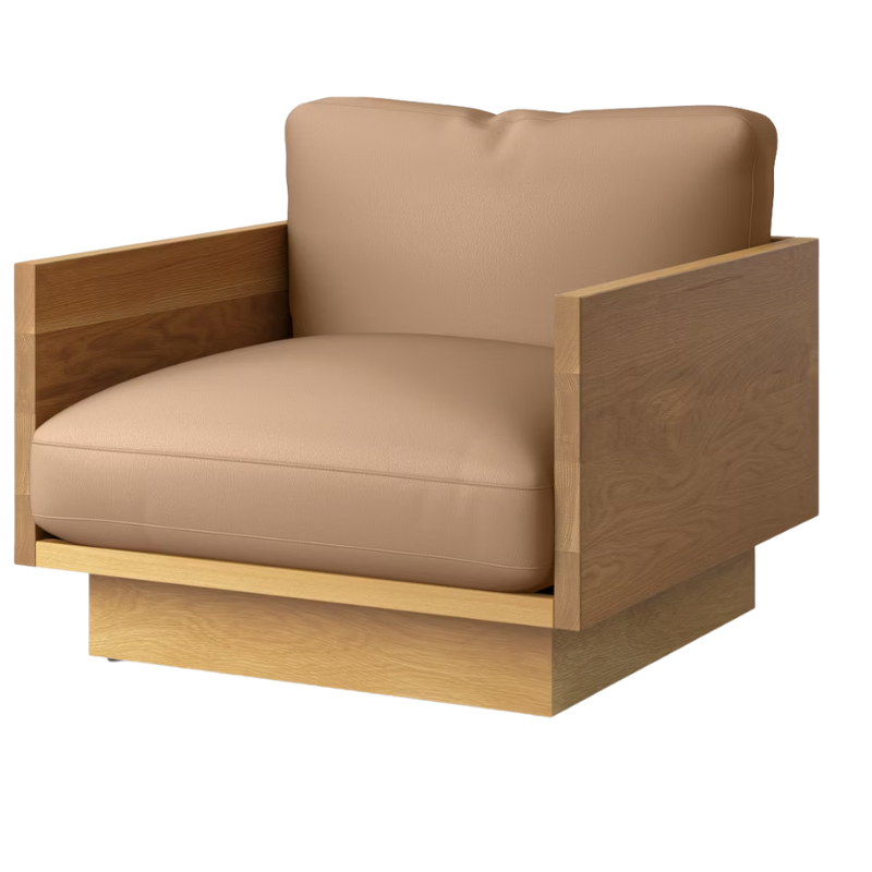 The White Oak Pawson Drift Lounge Chair from Herman Miller with prone leather balsa upholstery.