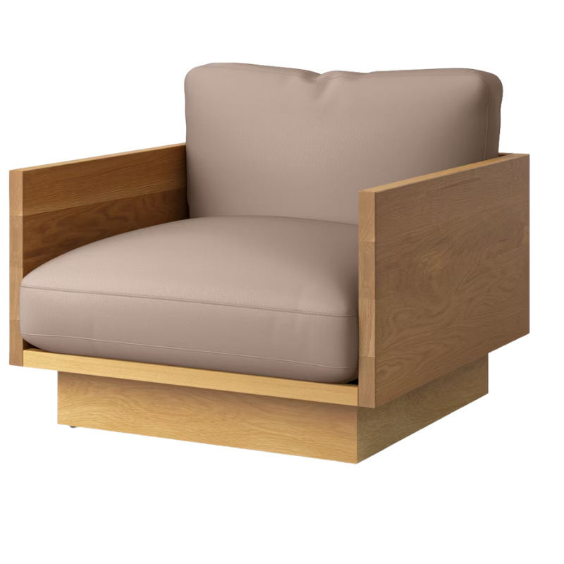 The White Oak Pawson Drift Lounge Chair from Herman Miller with raise leather gray upholstery.