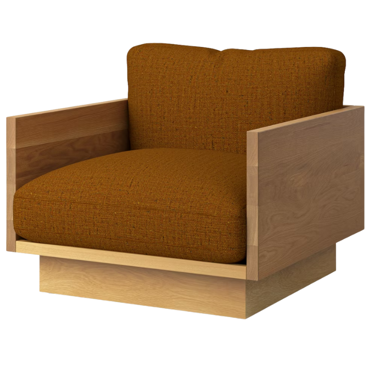 The White Oak Pawson Drift Lounge Chair from Herman Miller with Rowan medallion upholstery.
