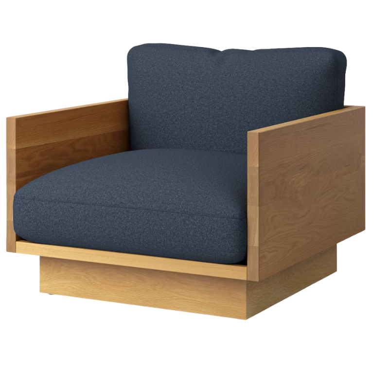 The White Oak Pawson Drift Lounge Chair from Herman Miller with tempo velvet ambience upholstery.