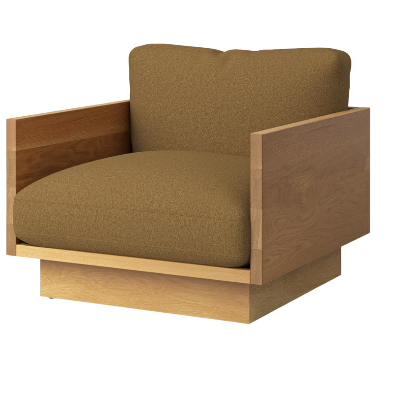 The White Oak Pawson Drift Lounge Chair from Herman Miller with tempo velvet gazelle upholstery.