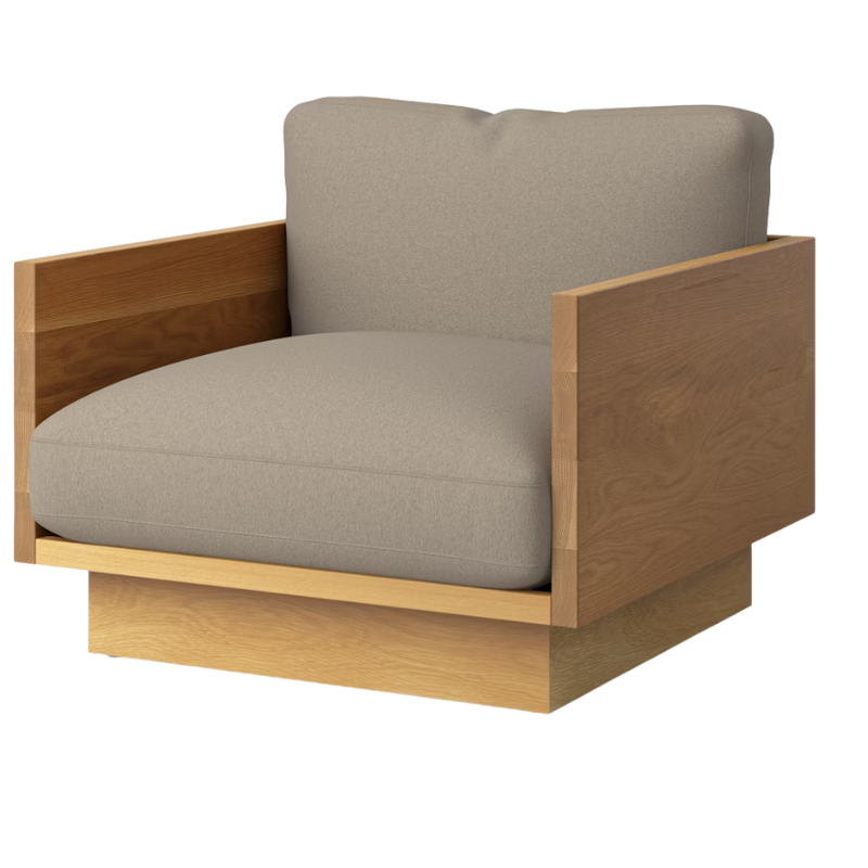 The White Oak Pawson Drift Lounge Chair from Herman Miller with tempo velvet shiitake upholstery.