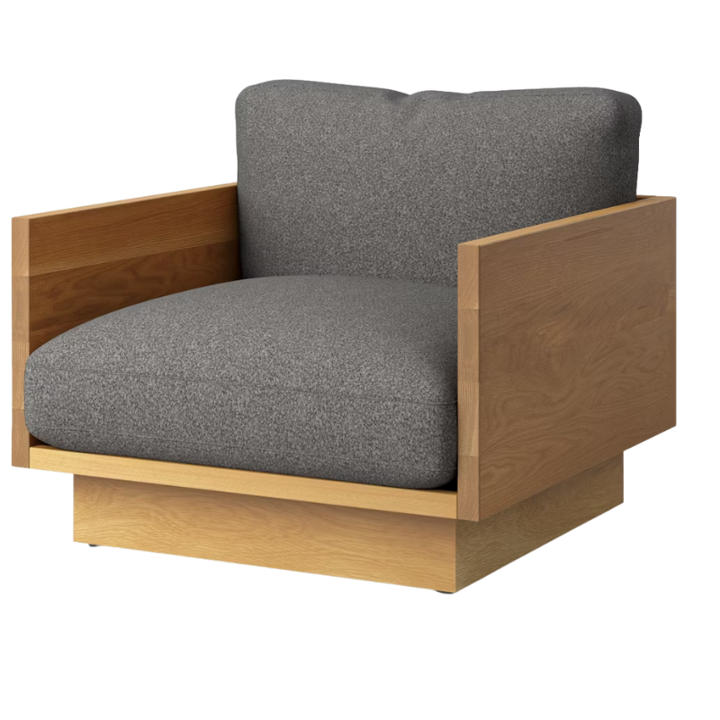 The White Oak Pawson Drift Lounge Chair from Herman Miller with whim pewter upholstery.