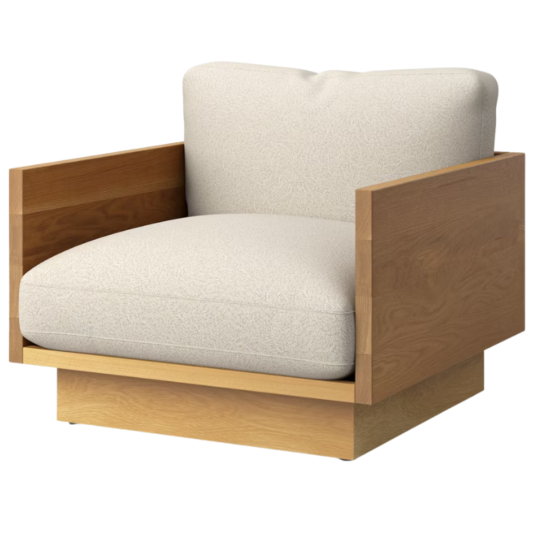 The White Oak Pawson Drift Lounge Chair from Herman Miller with whim warm white upholstery.