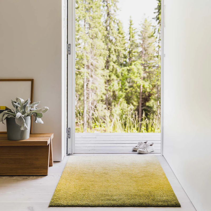 The Dis Doormat from Heymat in moss in an entryway.