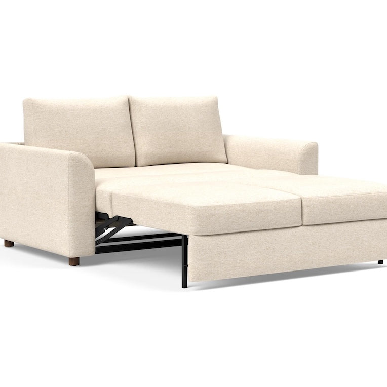 Innovation Living Neah Full Size Sofa Bed with Curved arms in Halifax Shell 365 upholstery with bed extended.