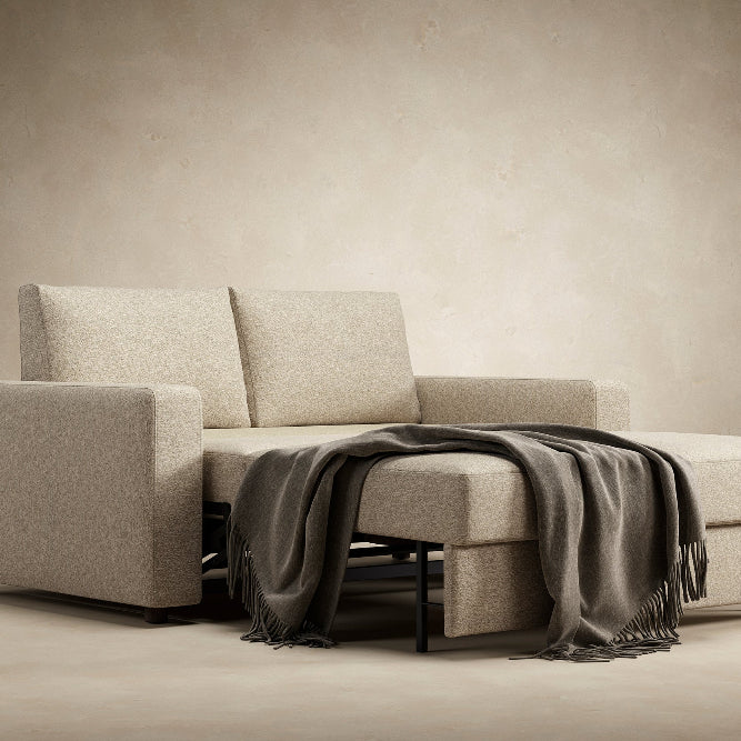 Innovation Living Neah Full Size Sofa Bed with standard arms in Halifax Antique 366 upholstery with bed pulled out. all-groups