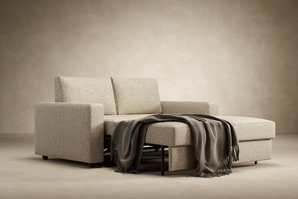 Innovation Living Neah Full Size Sofa Bed with standard arms in Halifax Antique 366 upholstery with bed pulled out. all-groups