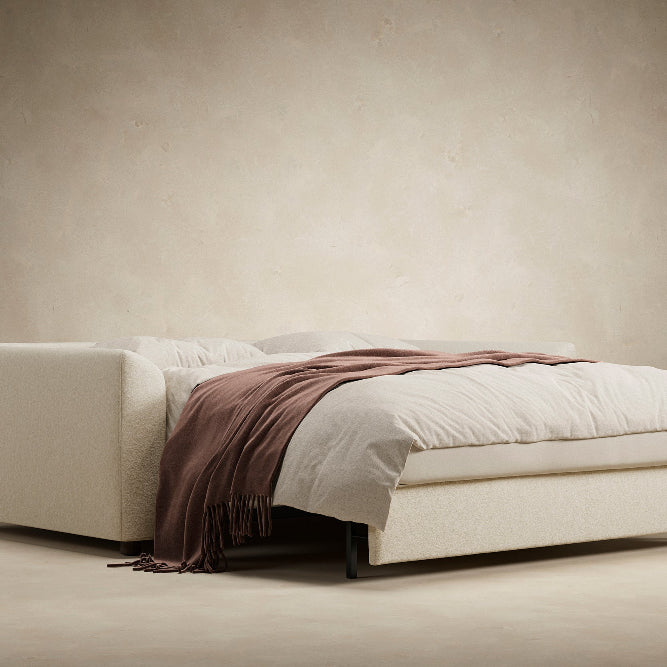 Innovation Living Neah Queen Bed with Curved Arms in Halifax Shell 365 with bed pulled out.