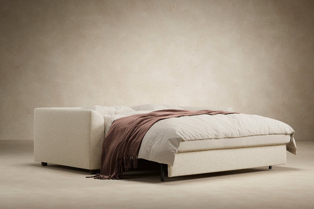 Innovation Living Neah Queen Bed with Curved Arms in Halifax Shell 365 with bed pulled out.