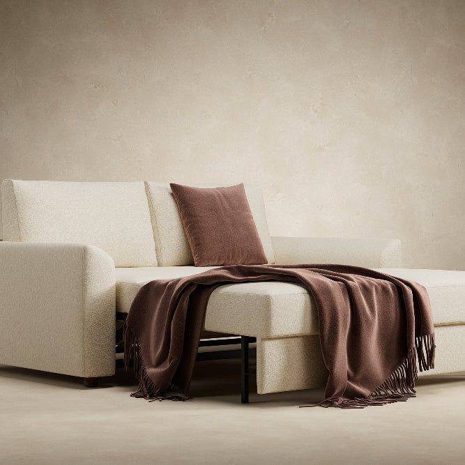 Innovation Living Neah Queen Bed with Curved Arms in Halifax Shell 365 with bed pulled out.