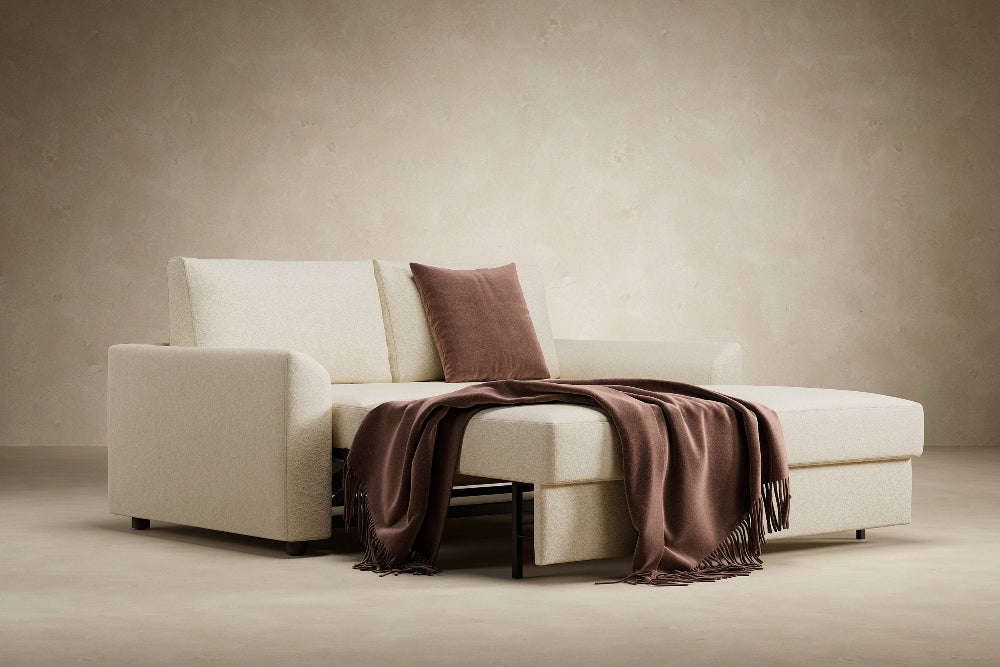 Innovation Living Neah Queen Bed with Curved Arms in Halifax Shell 365 with bed pulled out.