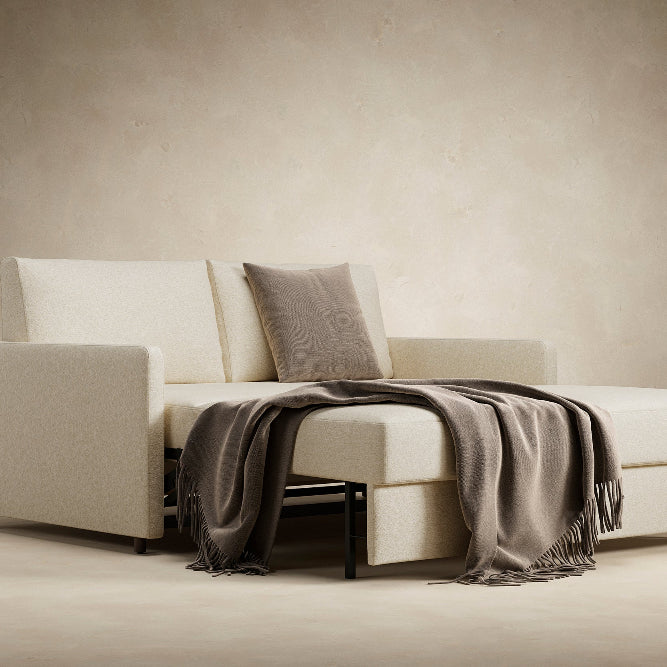 Innovation Living Neah Queen Bed with Standard Arms in Halifax Shell 365 with bed pulled out.