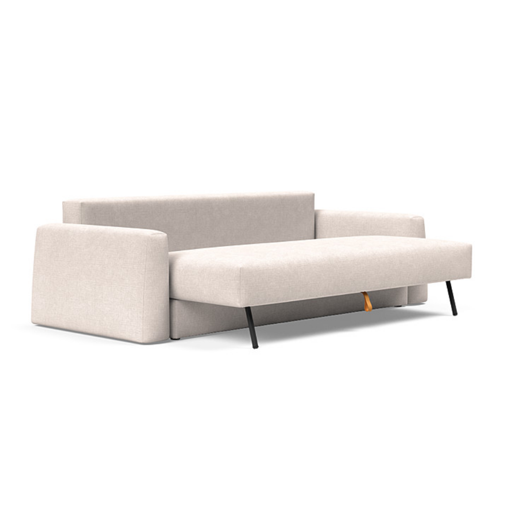 The Cone Sleeper Sofa from Innovation Living with adario basmati 255 upholstery seat pulled out of the couch.