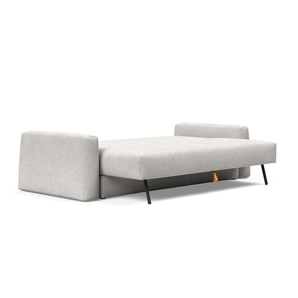 The Cone Sleeper Sofa from Innovation Living with adario fog 256 upholstery setup as a bed.