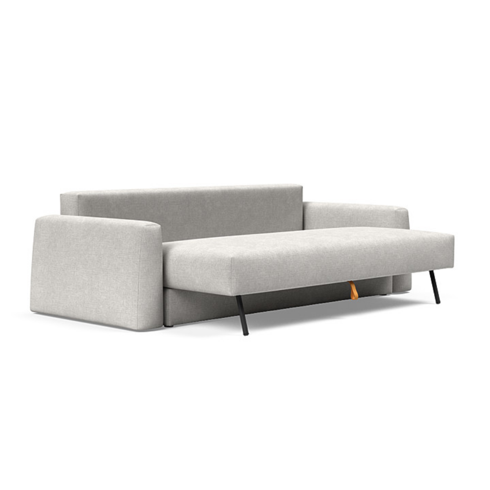 The Cone Sleeper Sofa from Innovation Living with adario fog 256 upholstery seat pulled out of the couch.