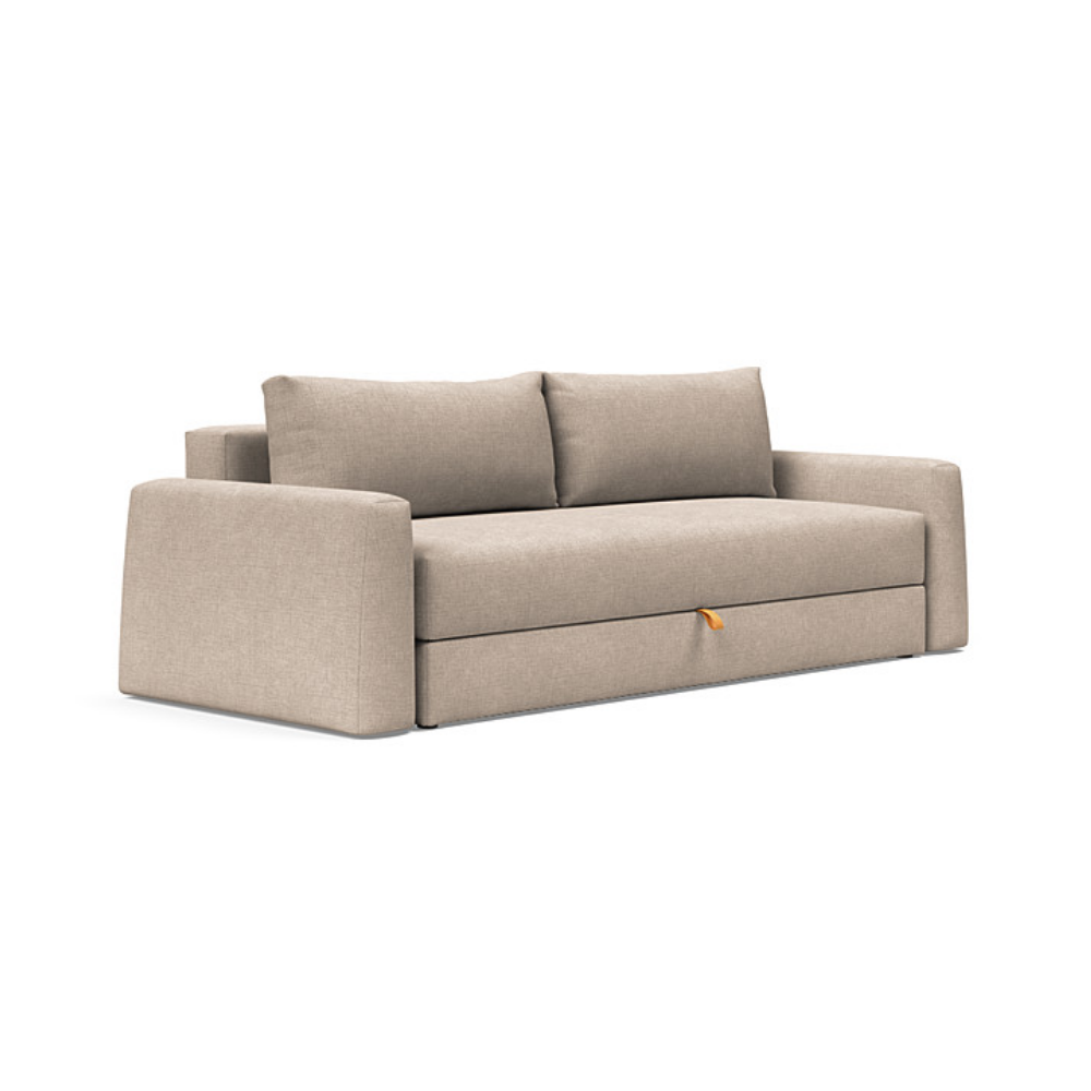 The Cone Sleeper Sofa from Innovation Living with adario taupe 257 upholstery setup as a sofa.