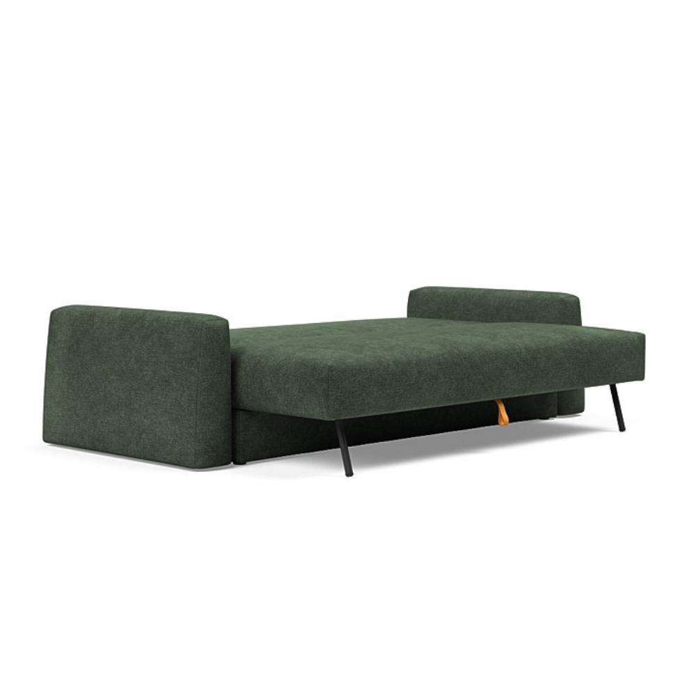 The Cone Sleeper Sofa from Innovation Living with avella forest green 281 upholstery setup as a bed.