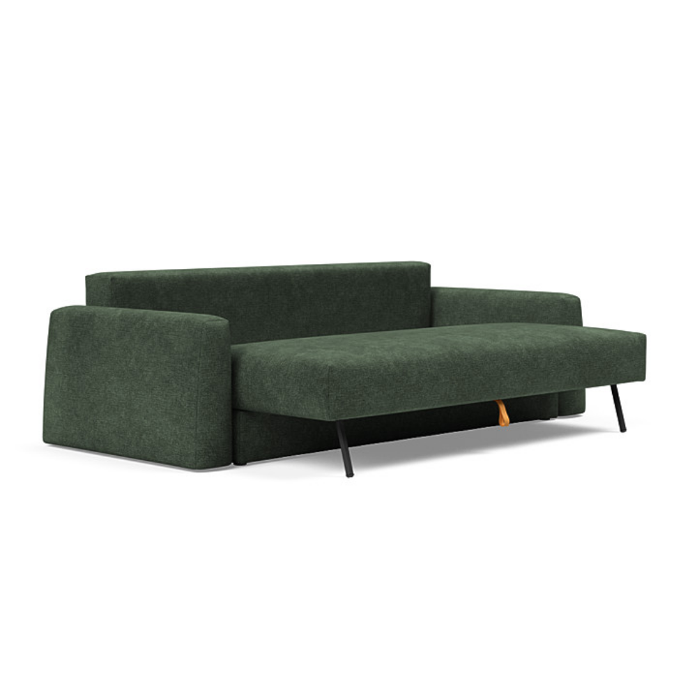 The Cone Sleeper Sofa from Innovation Living with avella forest green 281 upholstery seat pulled out of the couch.