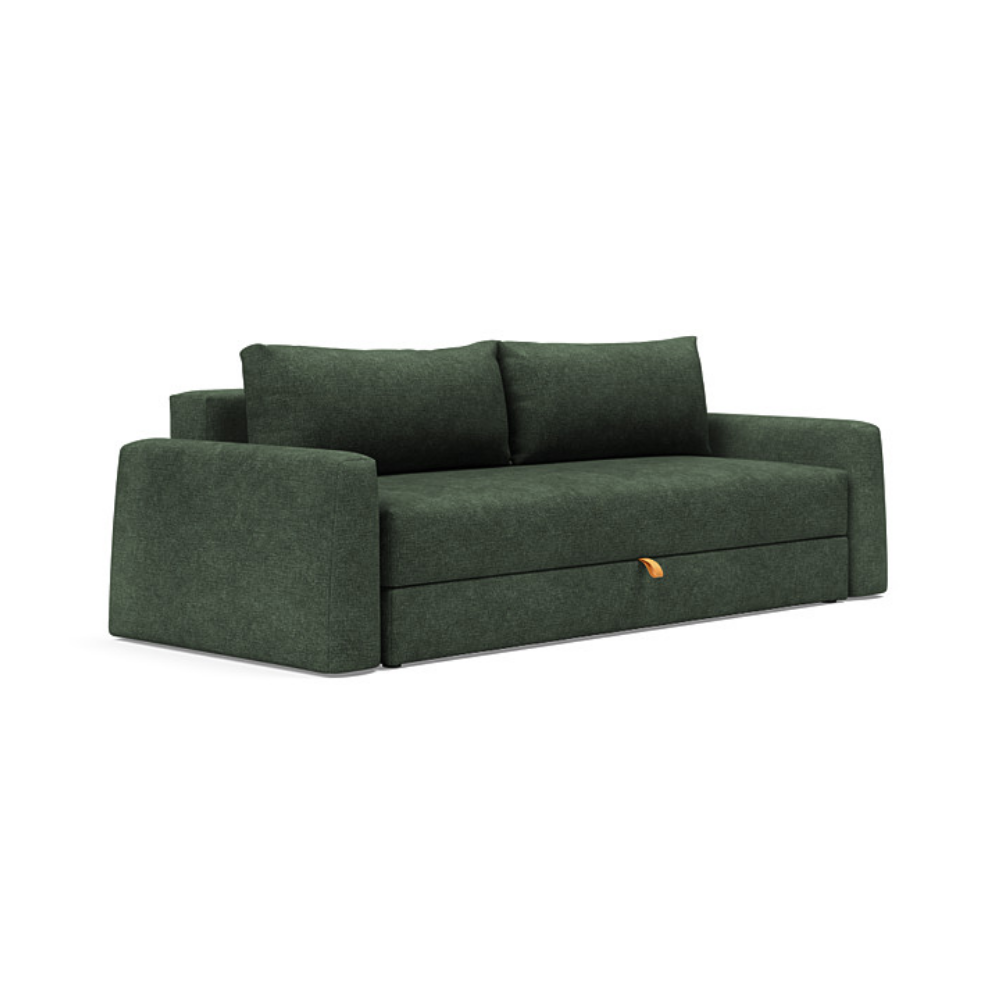 The Cone Sleeper Sofa from Innovation Living with avella forest green 281 upholstery setup as a sofa.