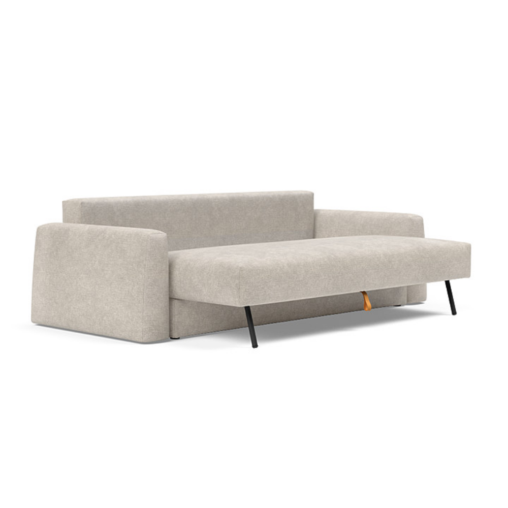 The Cone Sleeper Sofa from Innovation Living with avella sand 280 upholstery seat pulled out of the couch.